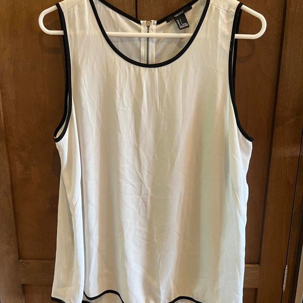Y2K Office Siren White Sleeveless Blouse Black Contrast Trim Piping Tank Top